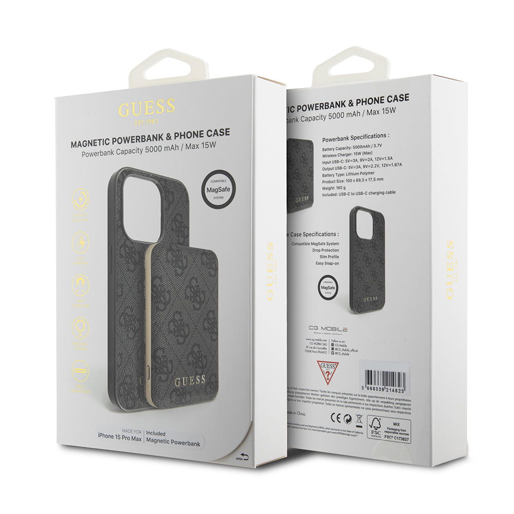 Capa MagSafe para Apple iPhone 15 Pro Max, Guess, Powerbank 4G Metal Logo, Preta