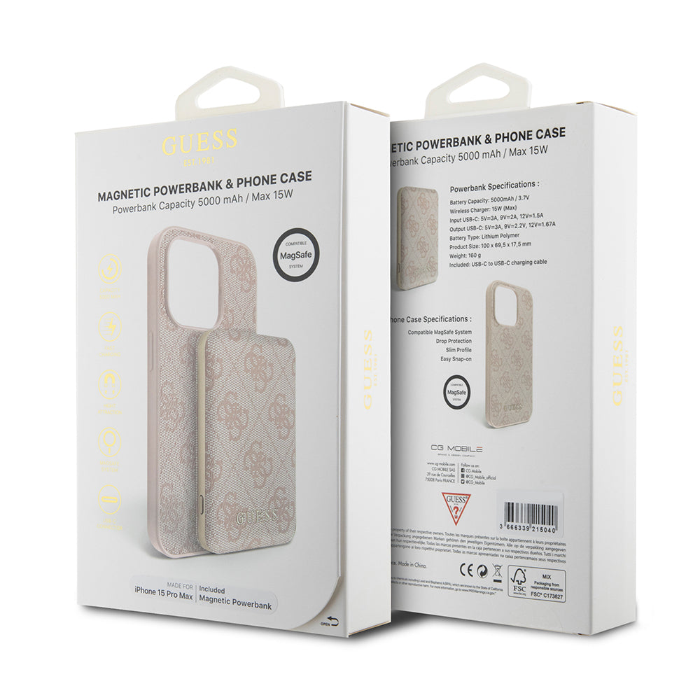 Capa MagSafe para Apple iPhone 15 Pro Max, Guess, Powerbank 4G Metal Logo, Rosa