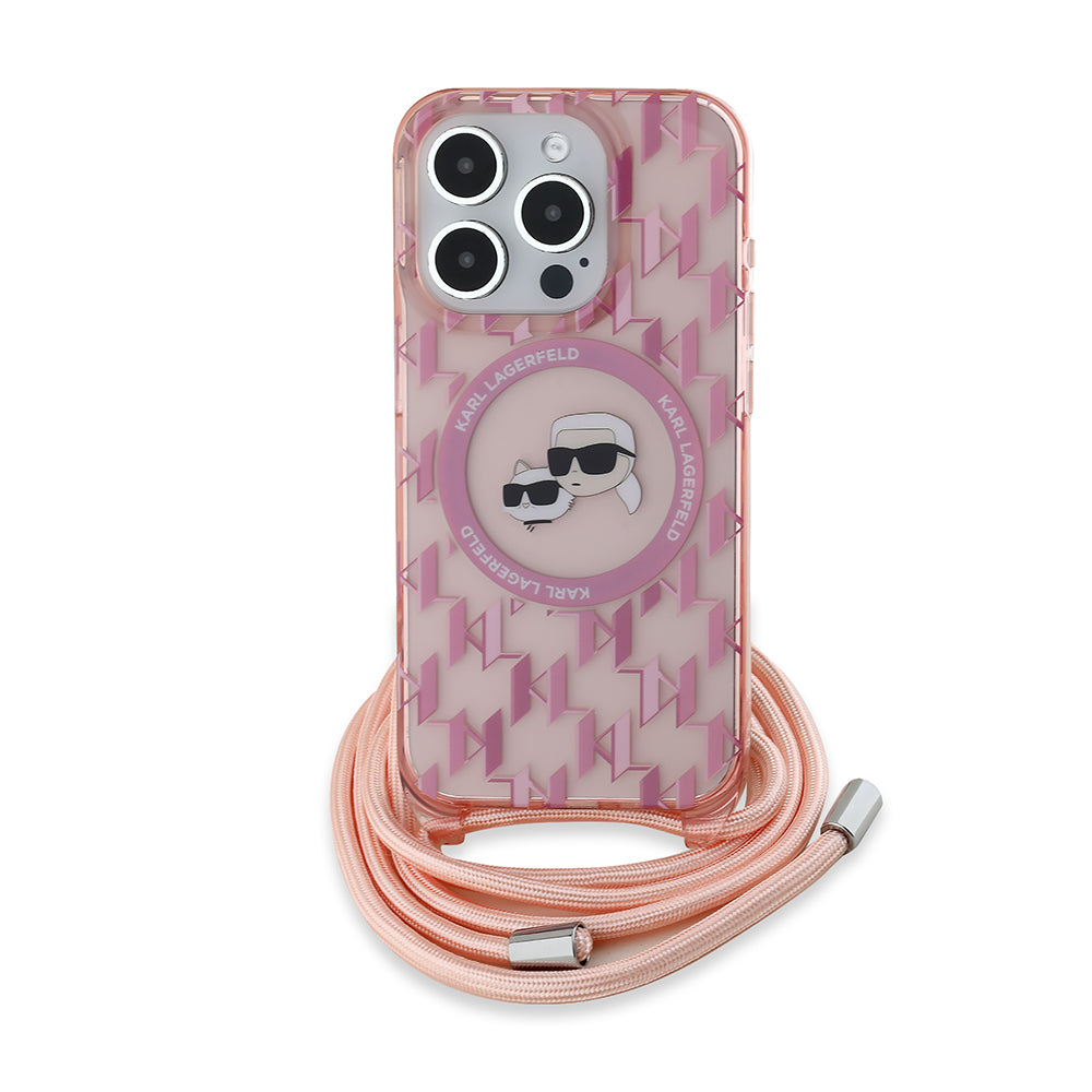 Capa MagSafe para Apple iPhone 15 Pro Max, Karl Lagerfeld, IML Crossbody Monograma Karl & Choupette's Heads, Rosa