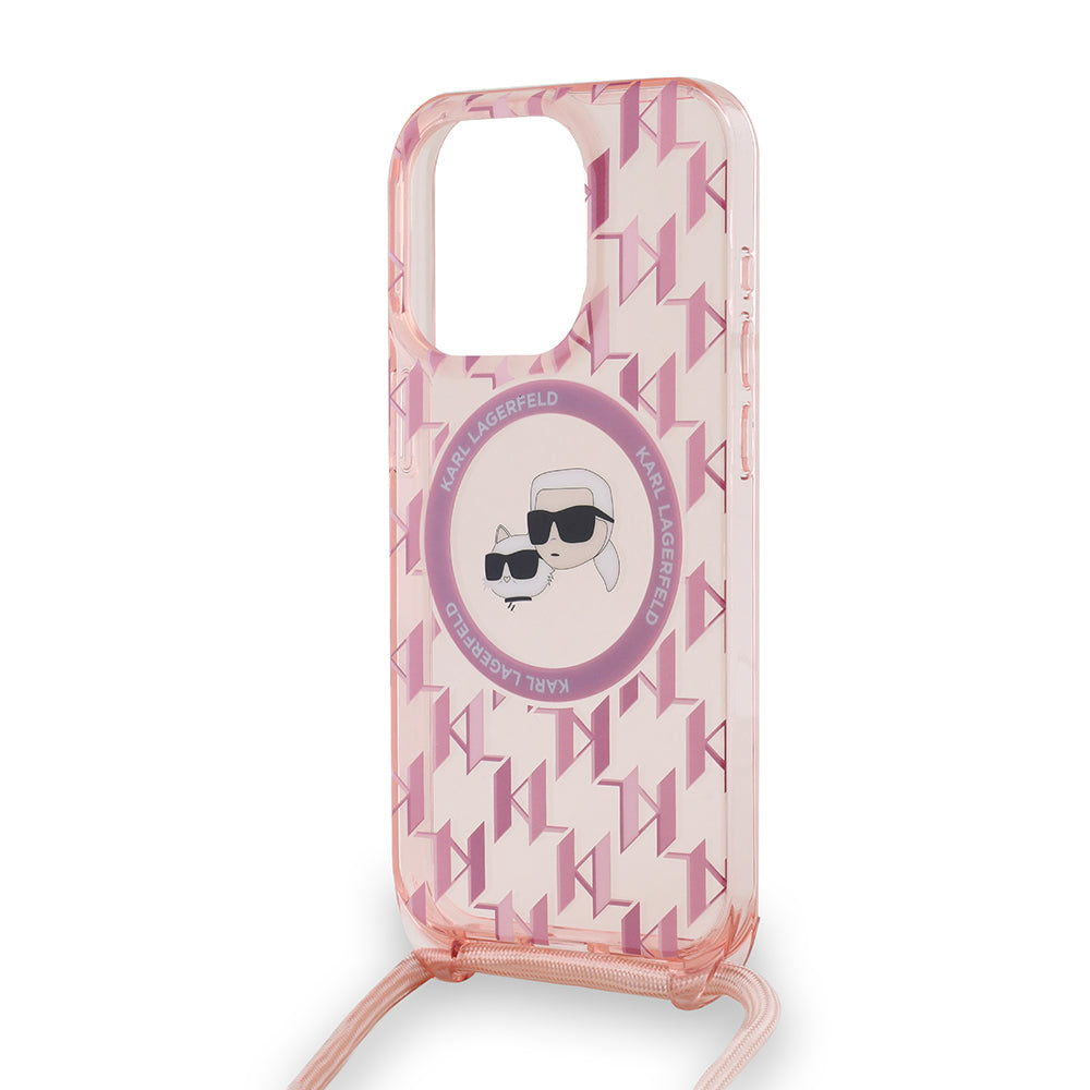 Capa MagSafe para Apple iPhone 15 Pro Max, Karl Lagerfeld, IML Crossbody Monograma Karl & Choupette's Heads, Rosa