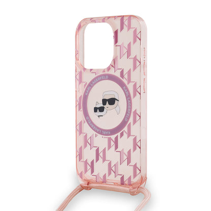 Capa MagSafe para Apple iPhone 15 Pro Max, Karl Lagerfeld, IML Crossbody Monograma Karl & Choupette's Heads, Rosa