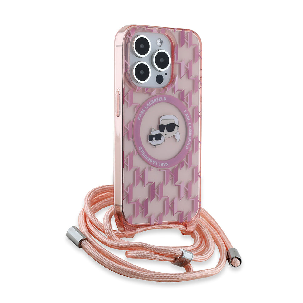Capa MagSafe para Apple iPhone 15 Pro Max, Karl Lagerfeld, IML Crossbody Monograma Karl & Choupette's Heads, Rosa