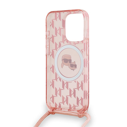 Capa MagSafe para Apple iPhone 15 Pro Max, Karl Lagerfeld, IML Crossbody Monograma Karl & Choupette's Heads, Rosa