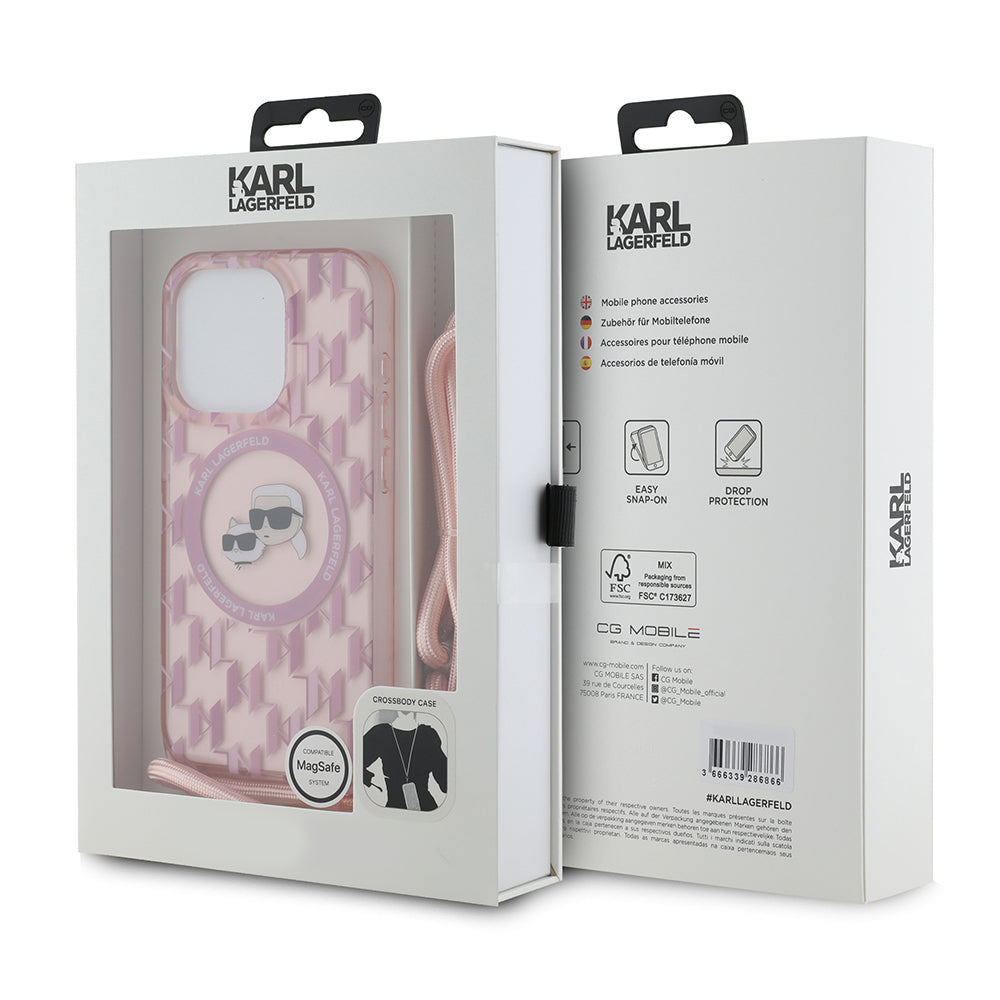 Capa MagSafe para Apple iPhone 15 Pro Max, Karl Lagerfeld, IML Crossbody Monograma Karl & Choupette's Heads, Rosa