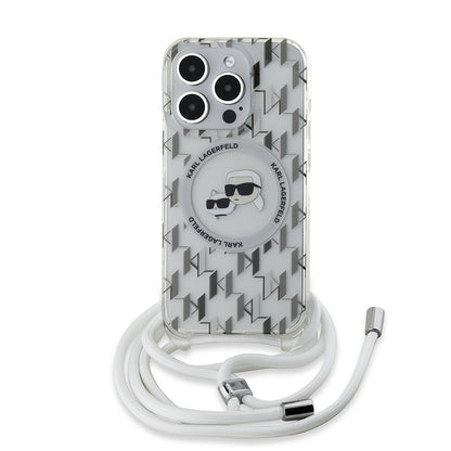 Capa MagSafe para Apple iPhone 15 Pro Max, Karl Lagerfeld, IML Crossbody Monogram Karl & Choupette's Heads, Transparente