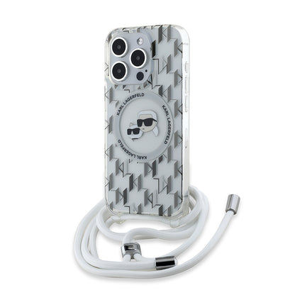 Capa MagSafe para Apple iPhone 15 Pro Max, Karl Lagerfeld, IML Crossbody Monogram Karl & Choupette's Heads, Transparente