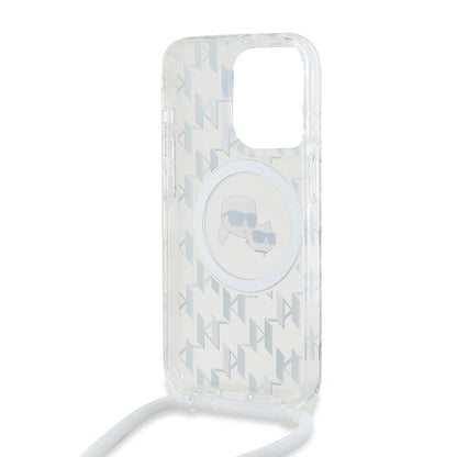 Capa MagSafe para Apple iPhone 15 Pro Max, Karl Lagerfeld, IML Crossbody Monogram Karl & Choupette's Heads, Transparente