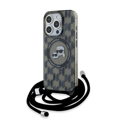 Capa MagSafe para Apple iPhone 15 Pro Max, Karl Lagerfeld, IML Crossbody Monogram Karl & Choupette's Heads, Preta.