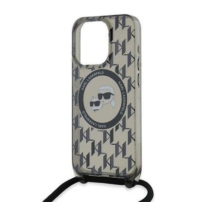 Capa MagSafe para Apple iPhone 15 Pro Max, Karl Lagerfeld, IML Crossbody Monogram Karl & Choupette's Heads, Preta.