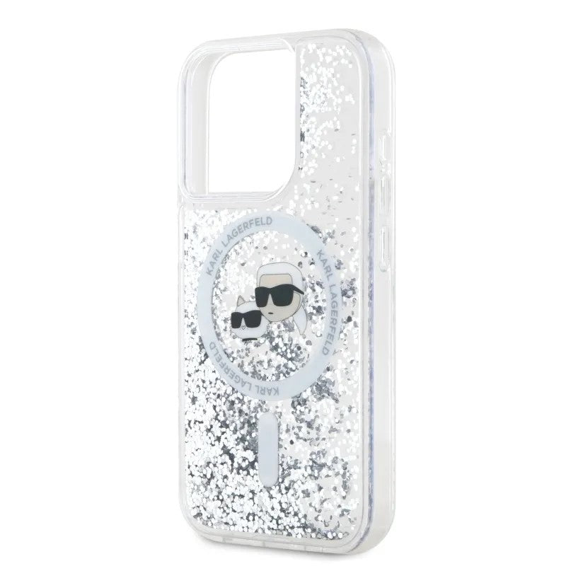 Capa MagSafe para Apple iPhone 15 Pro Max, Karl Lagerfeld, Liquid Glitter Karl & Choupette's Heads, Transparente
