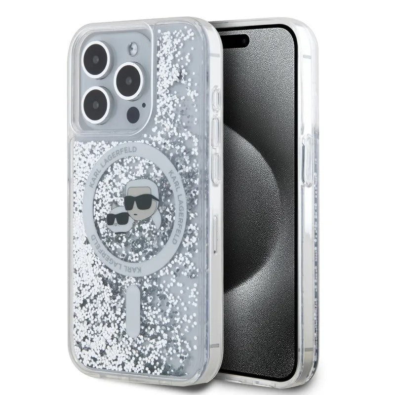 Capa MagSafe para Apple iPhone 15 Pro Max, Karl Lagerfeld, Liquid Glitter Karl & Choupette's Heads, Transparente