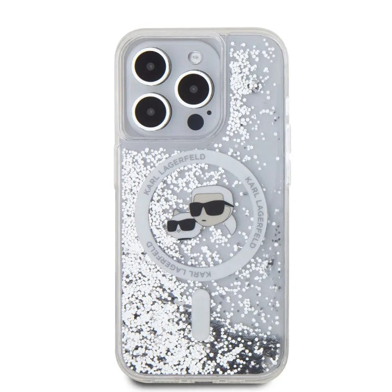 Capa MagSafe para Apple iPhone 15 Pro Max, Karl Lagerfeld, Liquid Glitter Karl & Choupette's Heads, Transparente