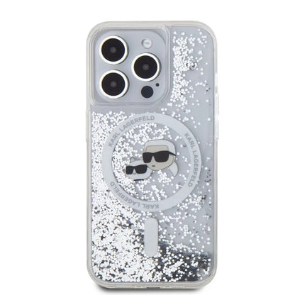 Capa MagSafe para Apple iPhone 15 Pro Max, Karl Lagerfeld, Liquid Glitter Karl & Choupette's Heads, Transparente