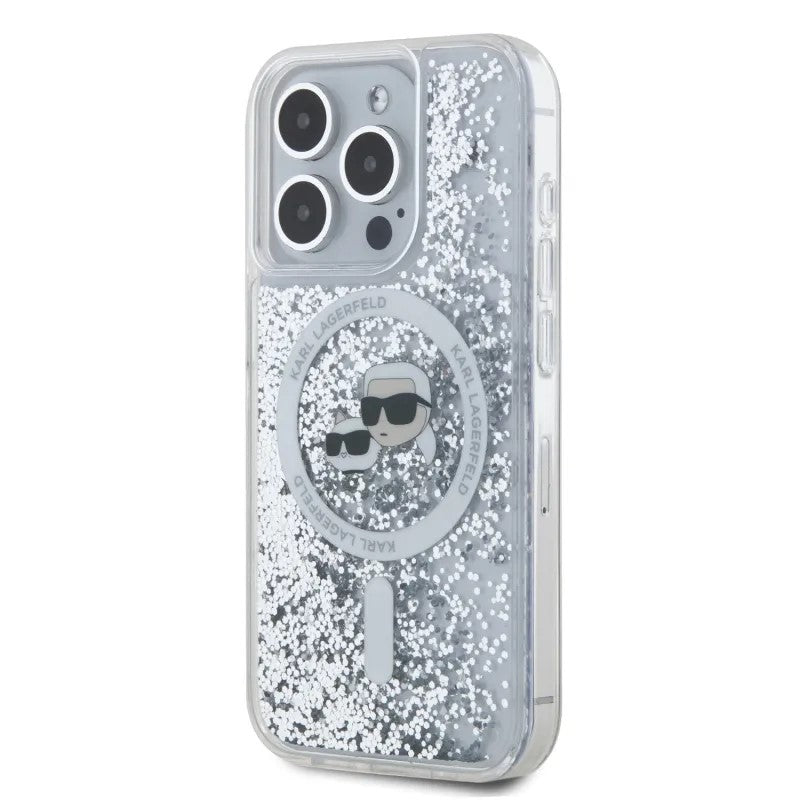 Capa MagSafe para Apple iPhone 15 Pro Max, Karl Lagerfeld, Liquid Glitter Karl & Choupette's Heads, Transparente