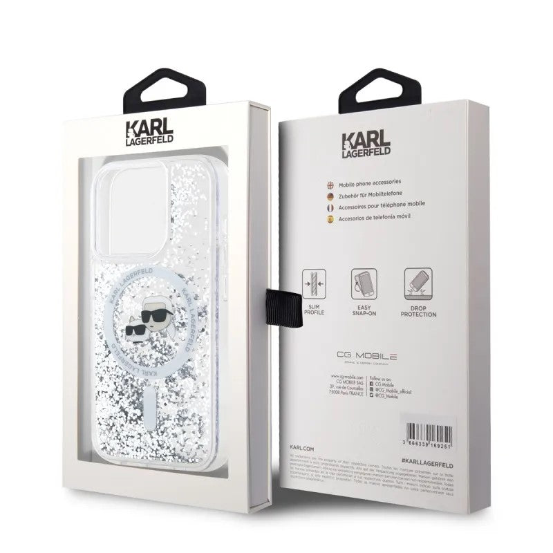 Capa MagSafe para Apple iPhone 15 Pro Max, Karl Lagerfeld, Liquid Glitter Karl & Choupette's Heads, Transparente