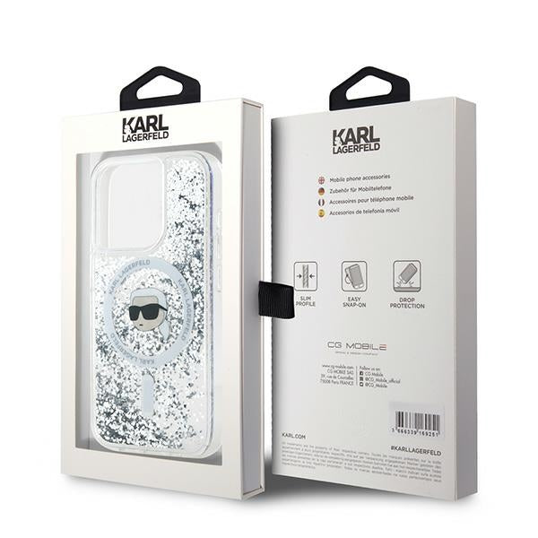 MagSafe Case for Apple iPhone 15 Pro Max, Karl Lagerfeld, Liquid Glitter Karl's Head, Transparent