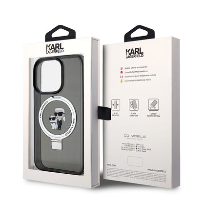 Capa MagSafe para Apple iPhone 15 Pro Max, Karl Lagerfeld, Ring Stand Karl & Choupette, Preta