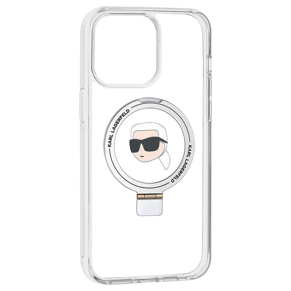Capa MagSafe para Apple iPhone 15 Pro Max, Karl Lagerfeld, Ring Stand Karl's Head, Branca