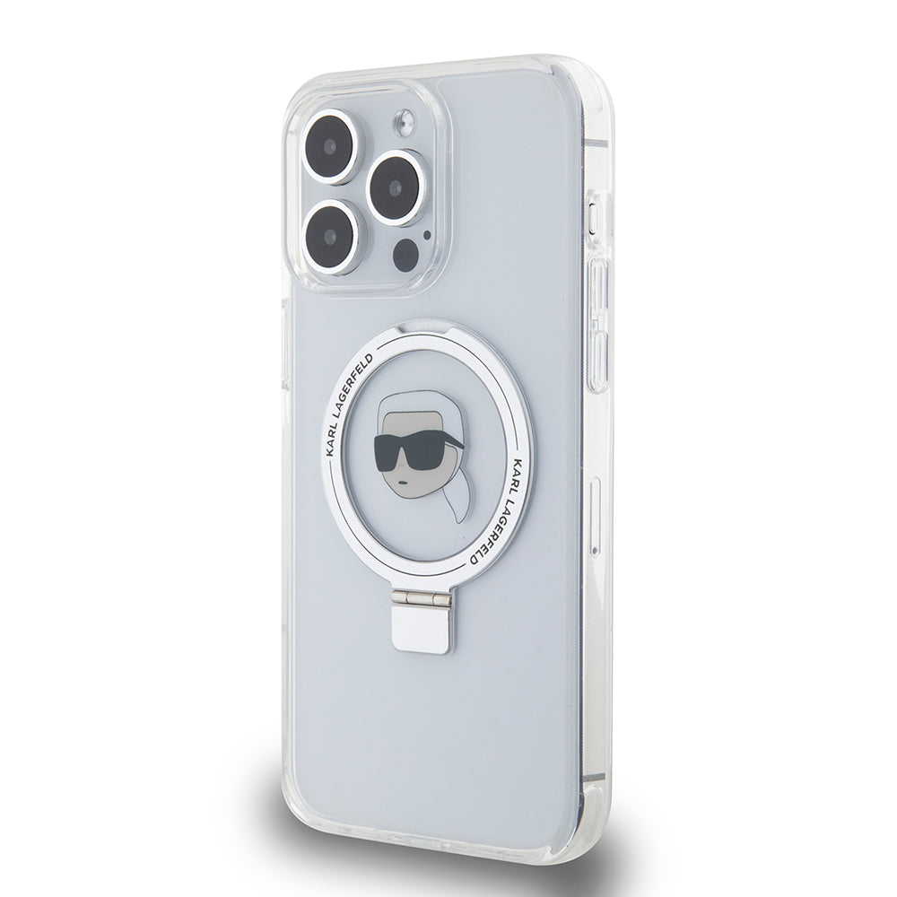 Capa MagSafe para Apple iPhone 15 Pro Max, Karl Lagerfeld, Ring Stand Karl's Head, Branca