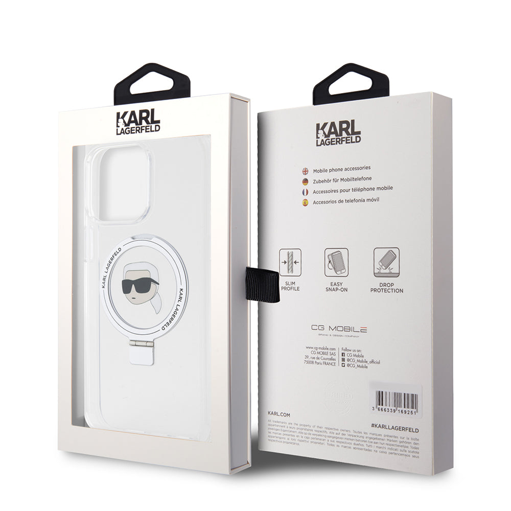 Capa MagSafe para Apple iPhone 15 Pro Max, Karl Lagerfeld, Ring Stand Karl's Head, Branca