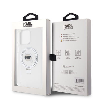 Capa MagSafe para Apple iPhone 15 Pro Max, Karl Lagerfeld, Ring Stand Karl's Head, Branca