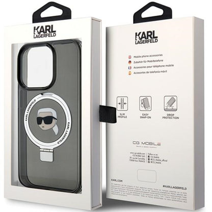 Capa MagSafe para Apple iPhone 15 Pro Max, Karl Lagerfeld, Ring Stand Karl's Head, Preta
