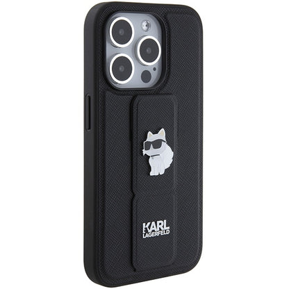 Capa MagSafe para Apple iPhone 15 Pro Max, Karl Lagerfeld, Saffiano Gripstand Choupette, Preta