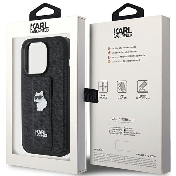 Capa MagSafe para Apple iPhone 15 Pro Max, Karl Lagerfeld, Saffiano Gripstand Choupette, Preta
