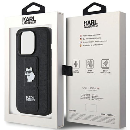 Capa MagSafe para Apple iPhone 15 Pro Max, Karl Lagerfeld, Saffiano Gripstand Choupette, Preta