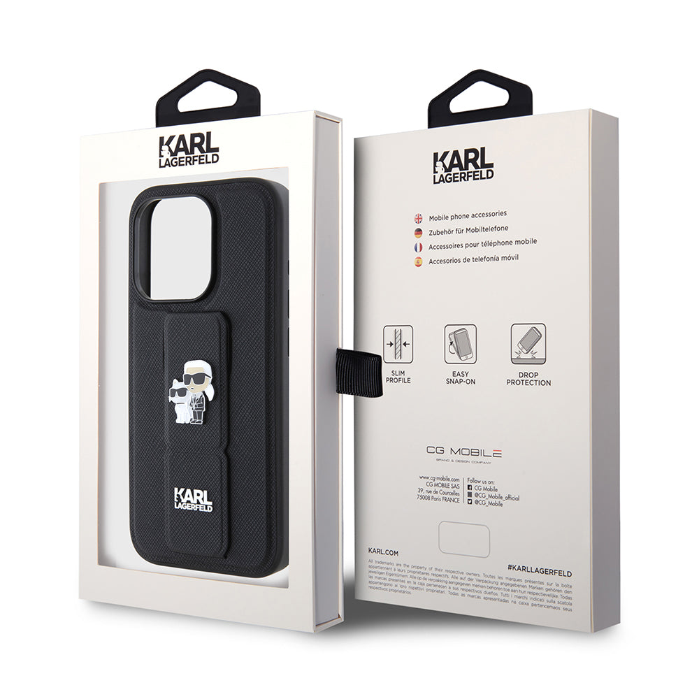 Capa MagSafe para Apple iPhone 15 Pro Max, Karl Lagerfeld, Saffiano Gripstand Karl & Choupette, Preta.