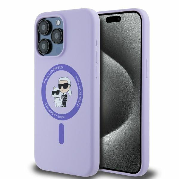 Capa MagSafe para Apple iPhone 15 Pro Max, Karl Lagerfeld, Anel de Silicone Karl & Choupette, Roxo