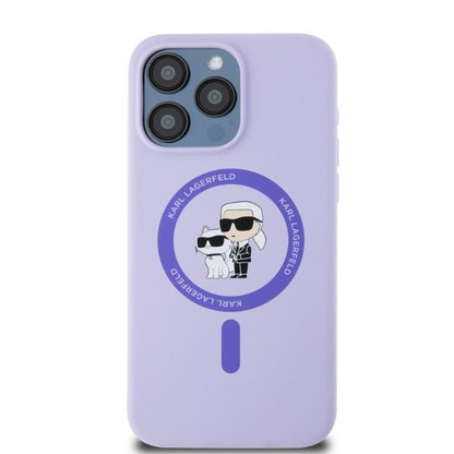 Capa MagSafe para Apple iPhone 15 Pro Max, Karl Lagerfeld, Anel de Silicone Karl & Choupette, Roxo
