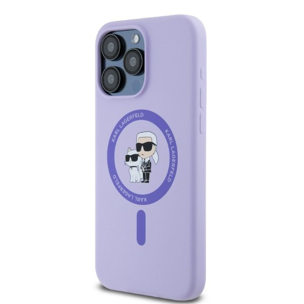Capa MagSafe para Apple iPhone 15 Pro Max, Karl Lagerfeld, Anel de Silicone Karl & Choupette, Roxo