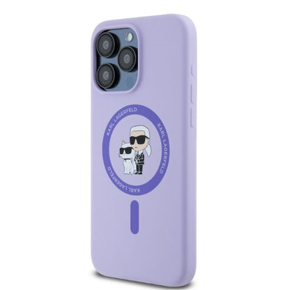 Capa MagSafe para Apple iPhone 15 Pro Max, Karl Lagerfeld, Anel de Silicone Karl & Choupette, Roxo