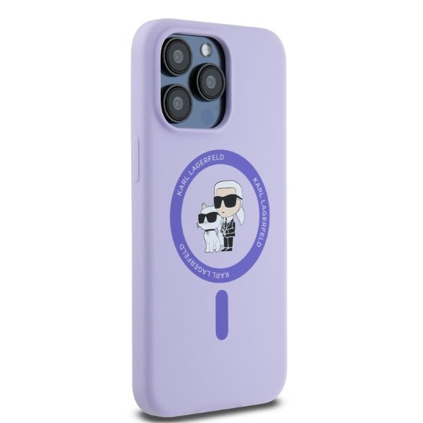 Capa MagSafe para Apple iPhone 15 Pro Max, Karl Lagerfeld, Anel de Silicone Karl & Choupette, Roxo