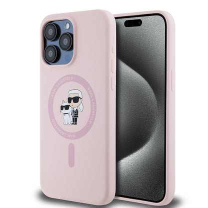 Capa MagSafe para Apple iPhone 15 Pro Max, Karl Lagerfeld, Anel de Silicone Karl & Choupette, Rosa