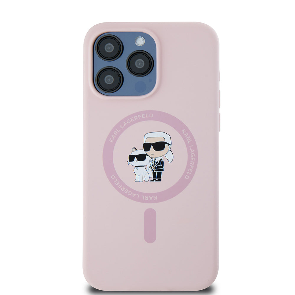 Capa MagSafe para Apple iPhone 15 Pro Max, Karl Lagerfeld, Anel de Silicone Karl & Choupette, Rosa