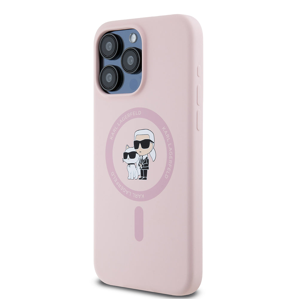 Capa MagSafe para Apple iPhone 15 Pro Max, Karl Lagerfeld, Anel de Silicone Karl & Choupette, Rosa