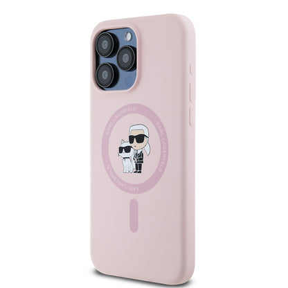 Capa MagSafe para Apple iPhone 15 Pro Max, Karl Lagerfeld, Anel de Silicone Karl & Choupette, Rosa