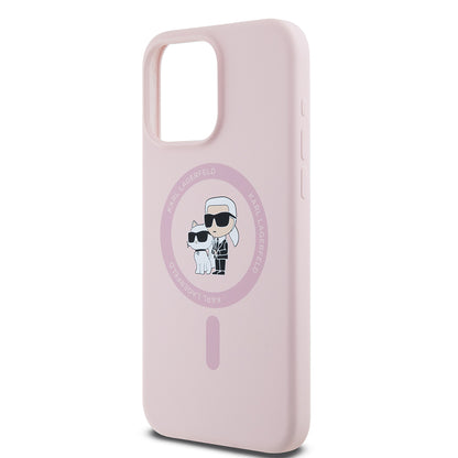 Capa MagSafe para Apple iPhone 15 Pro Max, Karl Lagerfeld, Anel de Silicone Karl & Choupette, Rosa