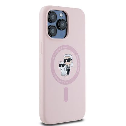 Capa MagSafe para Apple iPhone 15 Pro Max, Karl Lagerfeld, Anel de Silicone Karl & Choupette, Rosa