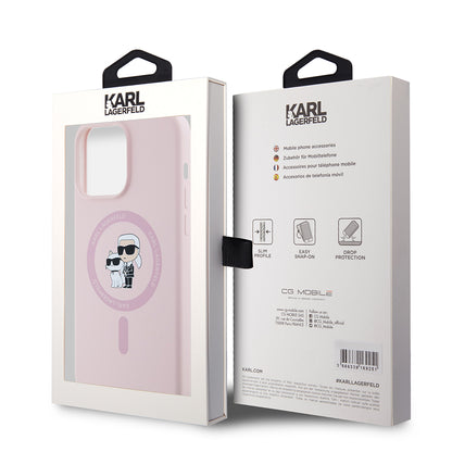 Capa MagSafe para Apple iPhone 15 Pro Max, Karl Lagerfeld, Anel de Silicone Karl & Choupette, Rosa