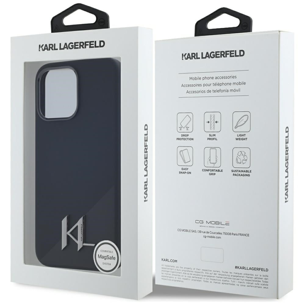 Capa MagSafe para Apple iPhone 15 Pro Max, Karl Lagerfeld, Silicone Shadow Metal Initial, Preta