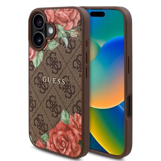 Capa MagSafe para Apple iPhone 16, Guess, Estampa de Flores 4G, Marrom