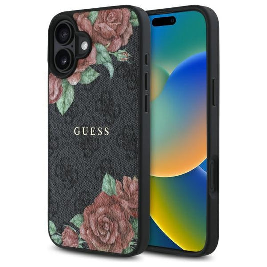 Capa MagSafe para Apple iPhone 16, Guess, Estampa de Flores 4G, Preta