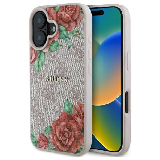 Capa MagSafe para Apple iPhone 16, Guess, Estampa de Flores 4G, Rosa
