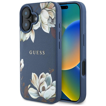 Capa MagSafe para Apple iPhone 16, Guess, Grained Flowers, Azul