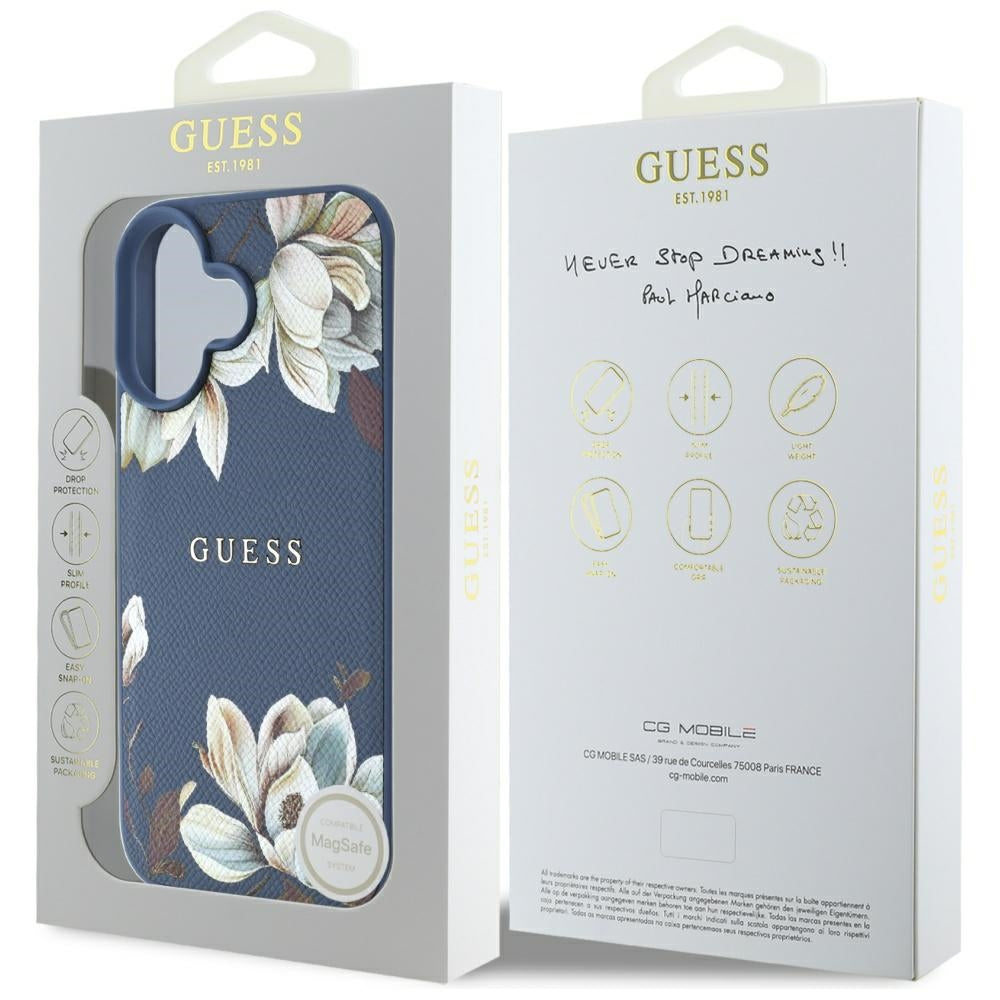 Capa MagSafe para Apple iPhone 16, Guess, Grained Flowers, Azul