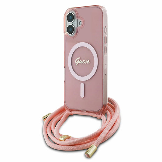 Capa MagSafe para Apple iPhone 16, Guess, IML Crossbody Cord Script, Rosa