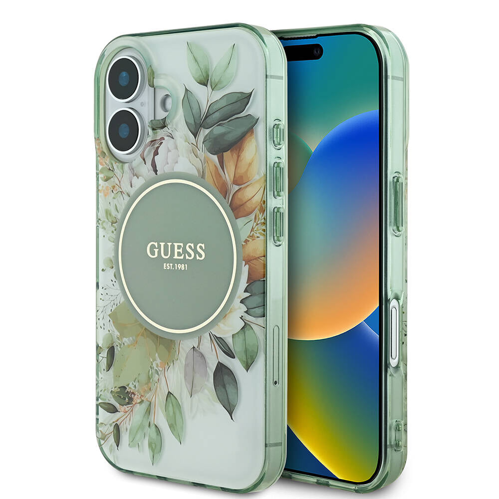 Capa MagSafe para Apple iPhone 16, Guess, IML Flower & Tonal Circle, Verde